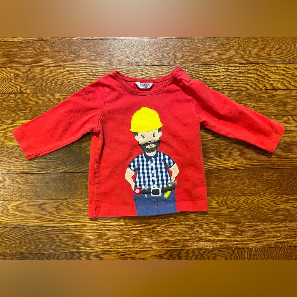 Baby Boden Red Long Sleeve Construction Worker Tee Shirt Size 6-12 Months